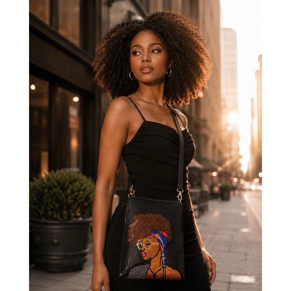 UNNI Black Sequin Crossbody Bag Natural Hair Woman Purse Gold Accent Bag - Picture 10 of 10